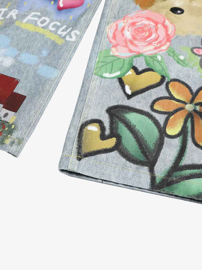 Denim Painted Animal Print Wide Leg Jeans with Cartoon Cat Dog Design 