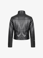 Graphic Stand-Collar Faux Leather Zip Jacket