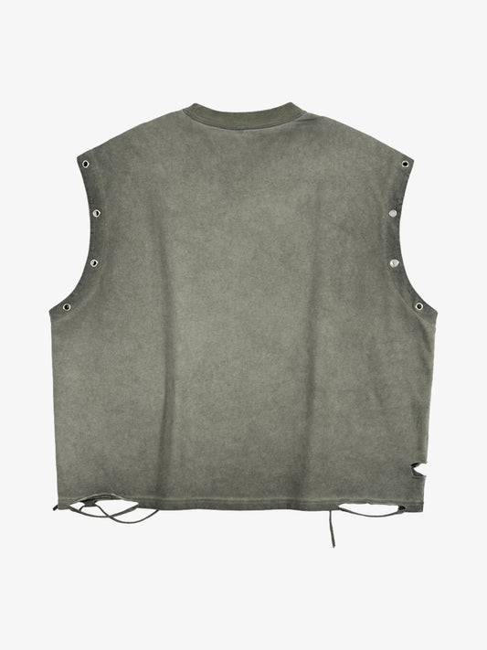 Distressed streetwear style loose sleeveless vest, decorated with a soccer print pattern and distressed and washed details, with metal eyelet details. 