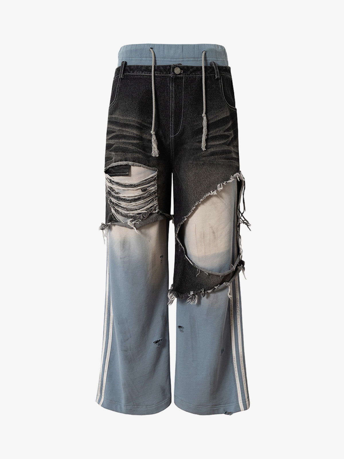 Thesupermade Double-waistband Denim Patchwork Ripped Casual Pants 