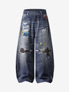 Denim Patchwork Wide Leg Jeans with Graphic Appliques and Distressed Details 