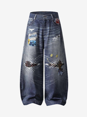 Denim Patchwork Wide Leg Jeans with Graphic Appliques and Distressed Details 
