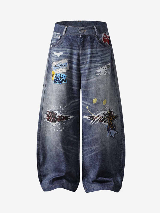 Denim Patchwork Wide Leg Jeans with Graphic Appliques and Distressed Details 