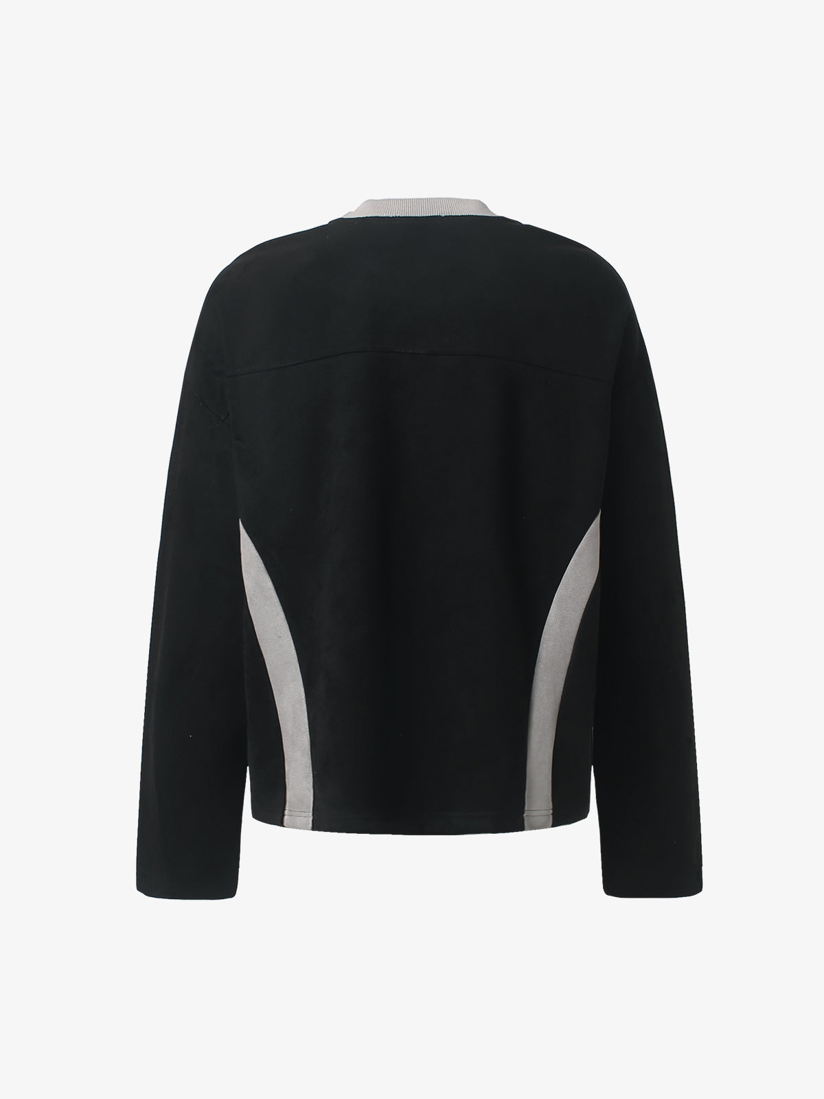 Faux Suede Paneled Embroidered Long Sleeve Tee