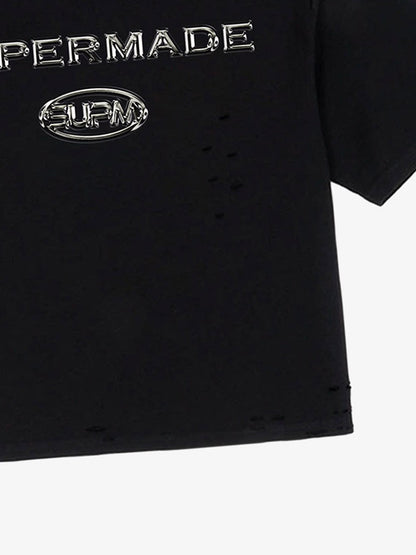 Distressed Metallic Logo Cropped T-Shirt 