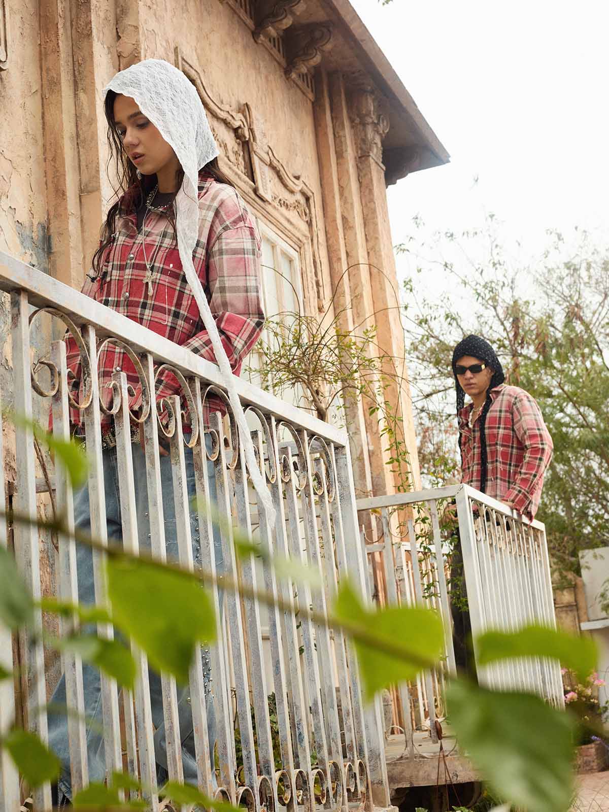 Paint Splatter Plaid Frayed Hem Button Up Shirt 