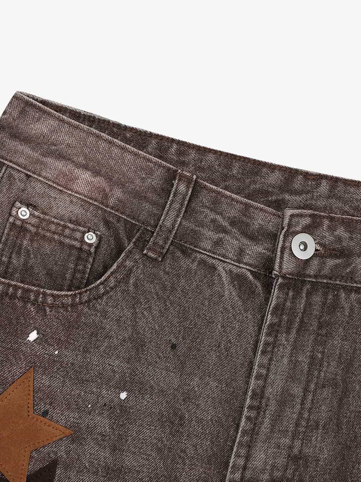 Retro Patchwork Washed Wide Leg Denim Jeans