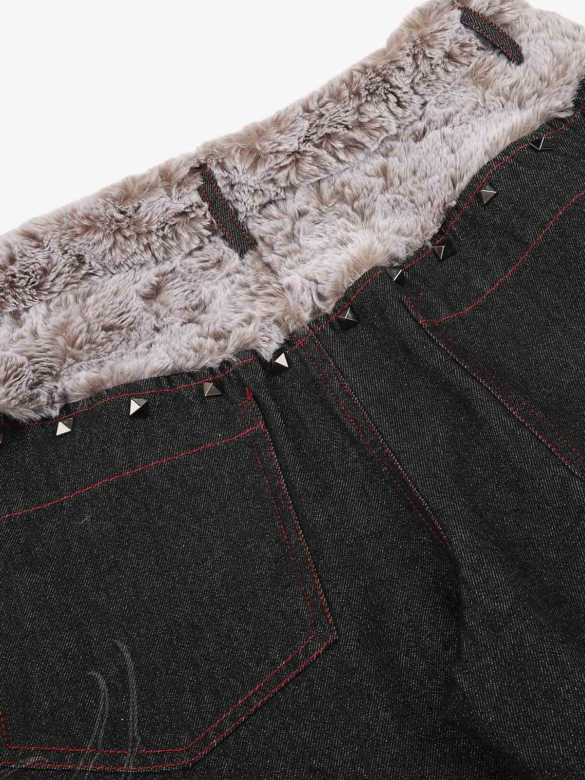 Studded Plush Patchwork Waist Thorn Print Jeans