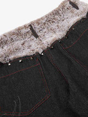 Studded Plush Patchwork Waist Thorn Print Jeans