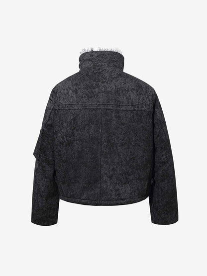 Vintage Metal Buckle Faux Fur Trim Padded Denim Jacket 