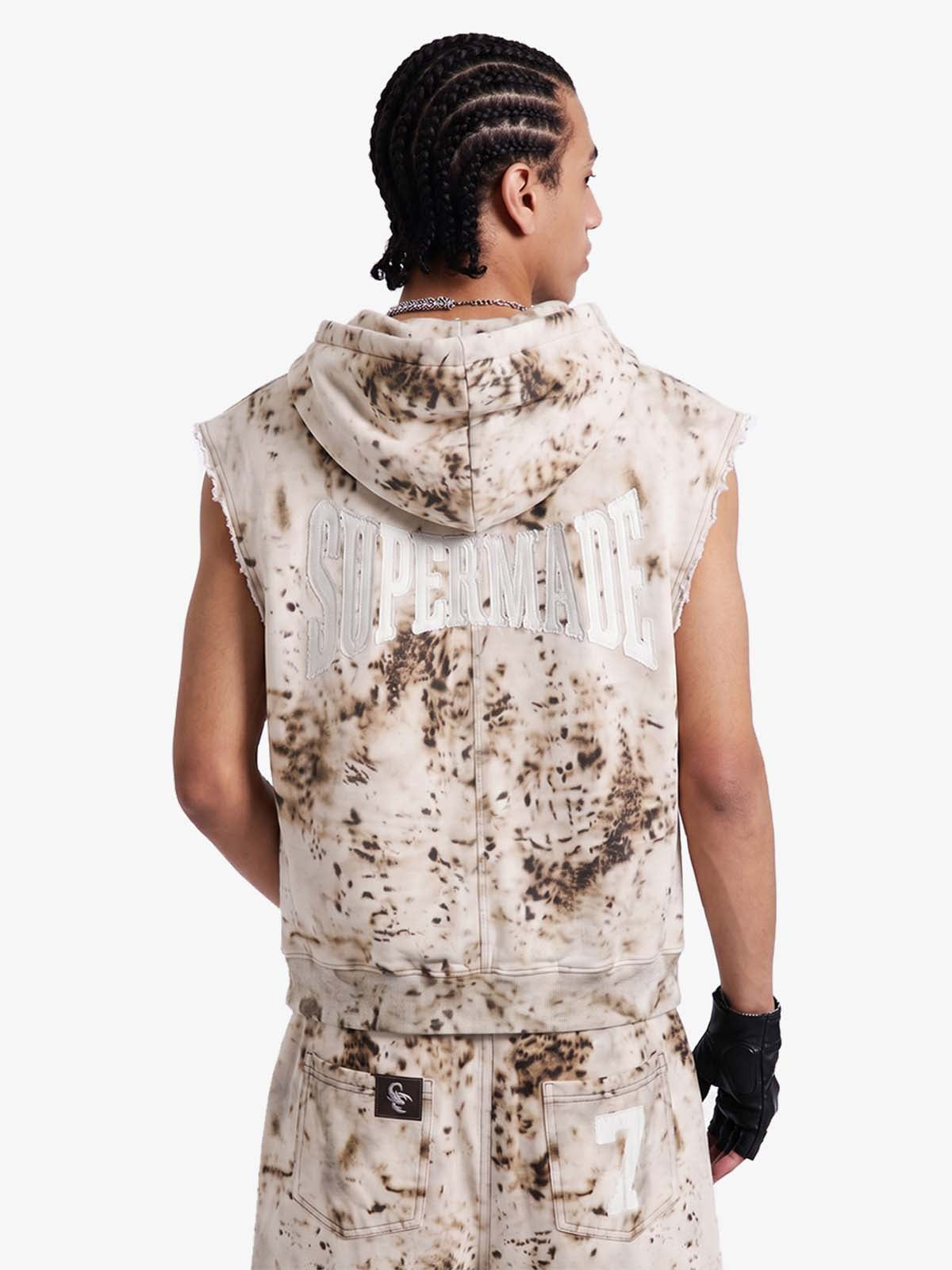 Washed Distressed Irregular Leopard Sleeveless Hooded Vest Set 