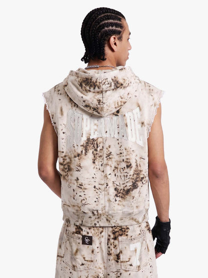 Washed Distressed Irregular Leopard Sleeveless Hooded Vest Set 