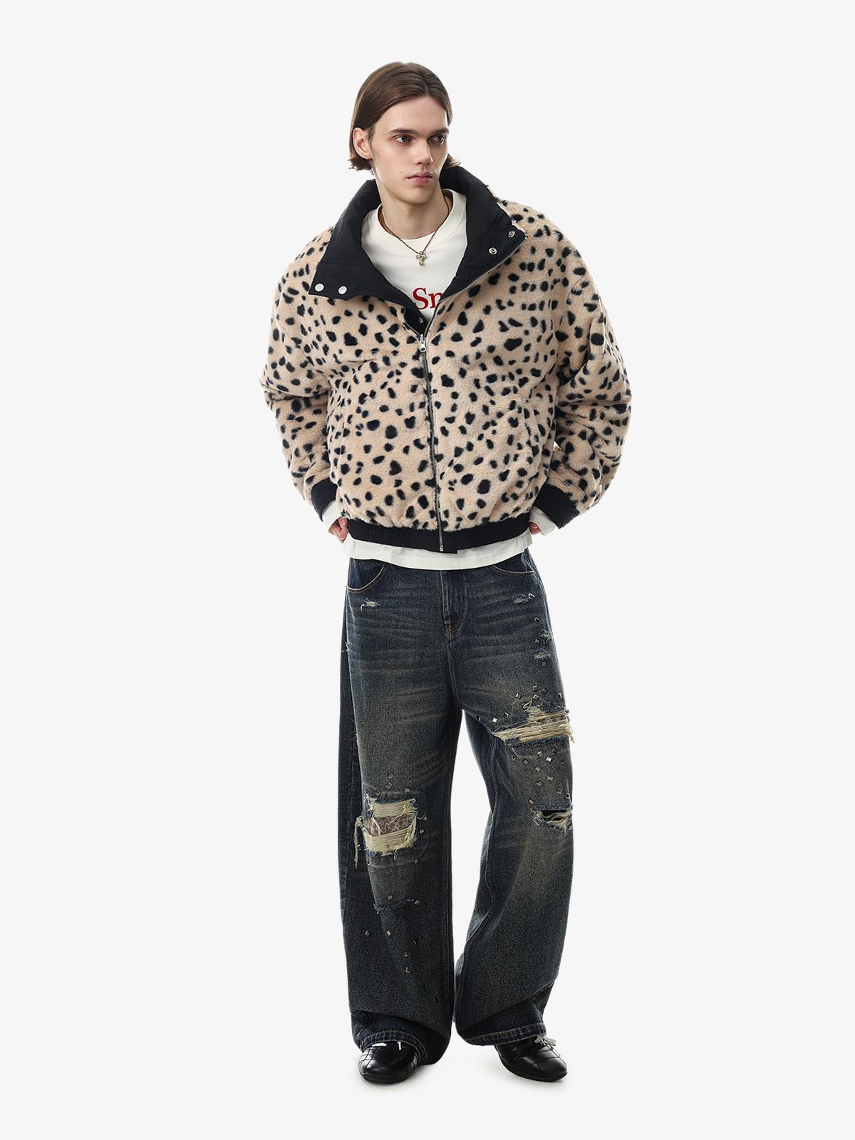 Reversible Spotted Leopard Stand-Collar Fleece Coat