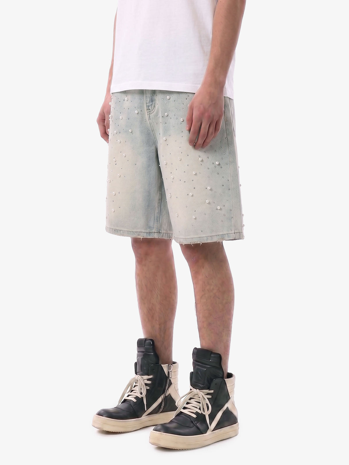Pearl Embellished Light Wash Denim Shorts 