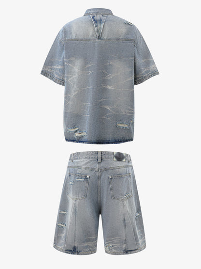 Washed Black Branch Print Deconstructed Denim Set 