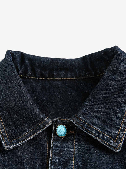 Stylish Denim Jacket with Turquoise Button Accents for Women 