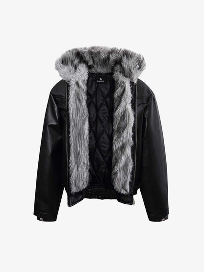 Street Fur-Trim Collar Leather Bomber Jacket 