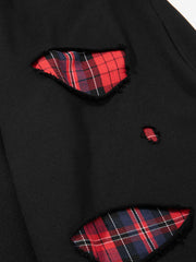 Plaid Patch Distressed Wide-Leg Sweatpants