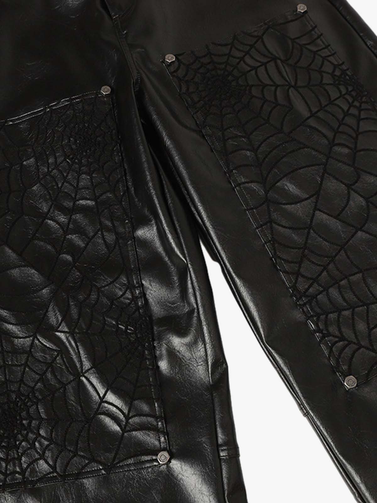 Faux Leather Wide Leg Pants with Spiderweb Embossed Pockets - Edgy Fashion Statement 