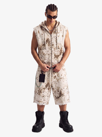 Washed Distressed Irregular Leopard Sleeveless Hooded Vest Set 