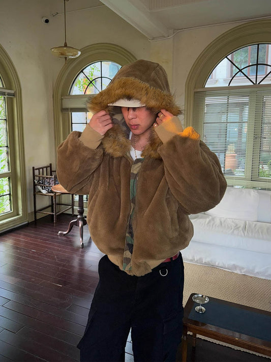 Camouflage Bomber Jacket with Faux Fur Hood for Winter and Fall 