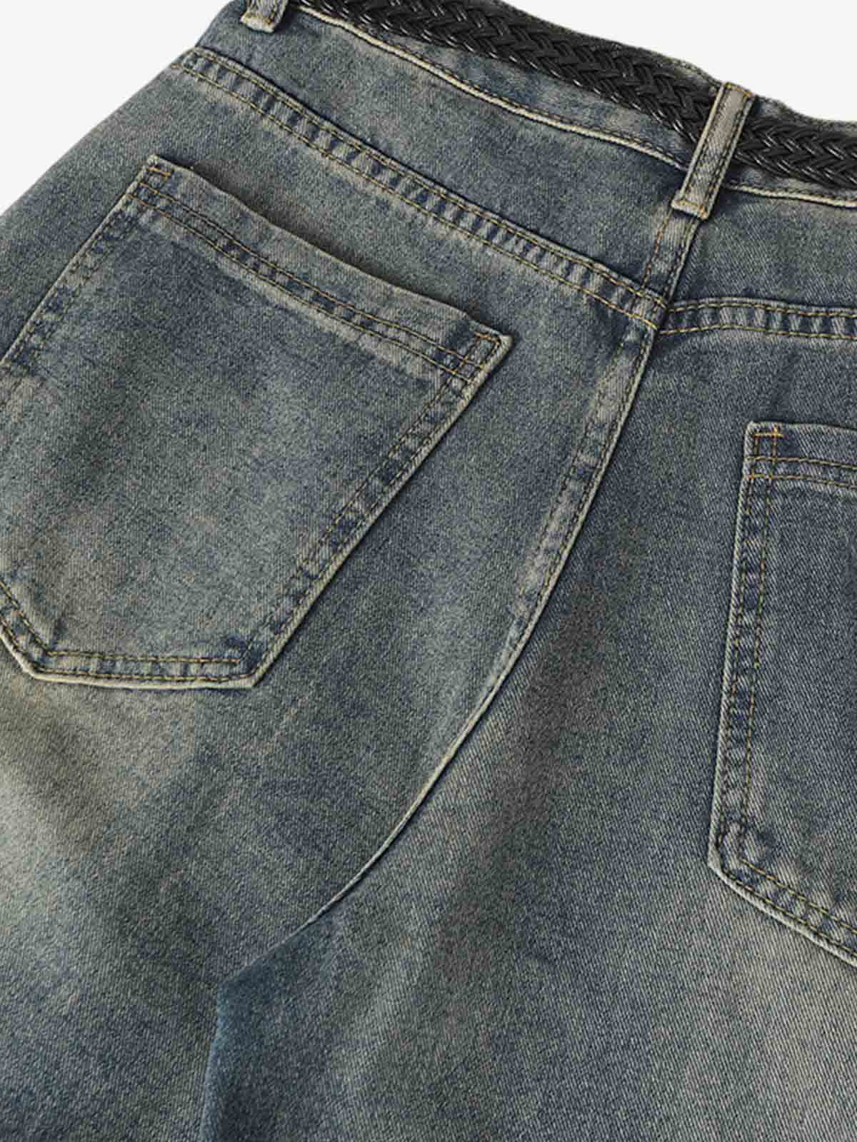 Braided Drawstring Waist Patchwork Cargo Jeans 