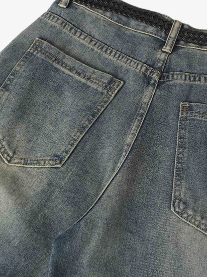 Braided Drawstring Waist Patchwork Cargo Jeans