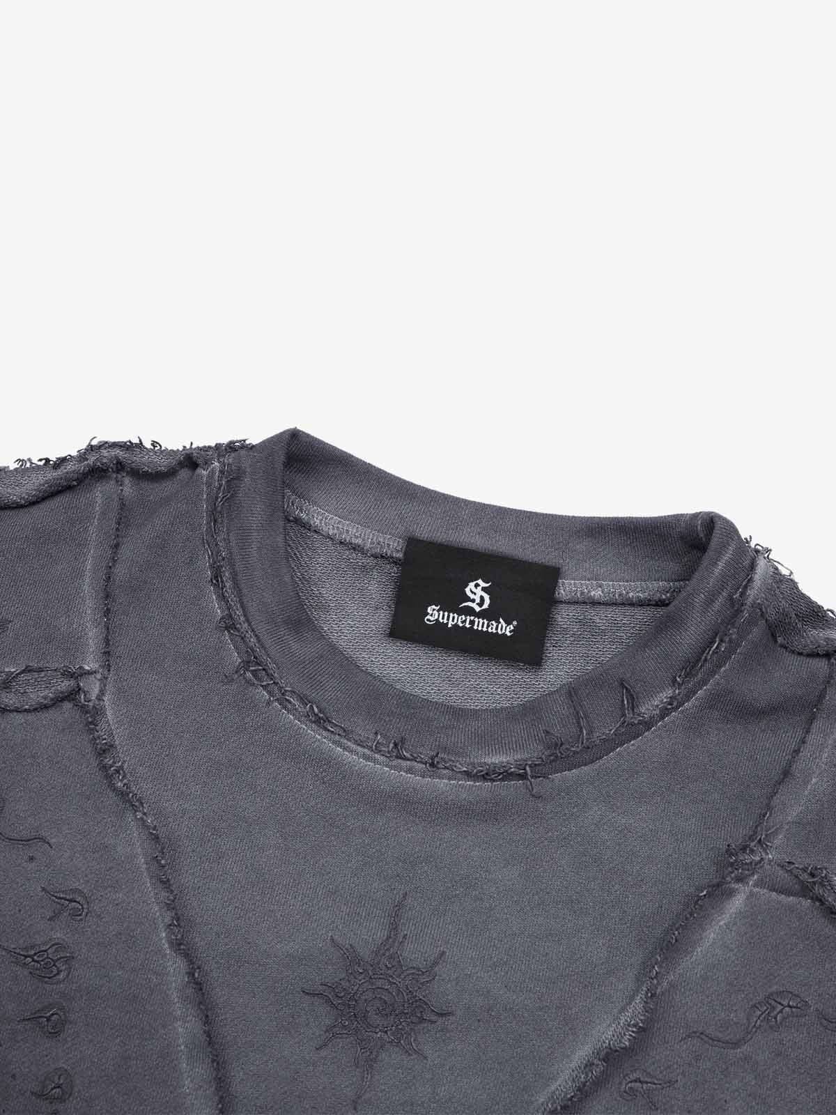 Deconstructed Distressed Raw-Edge Long Sleeve Tee; Dark Gray / M, Dark Gray / L, Dark Gray / XL