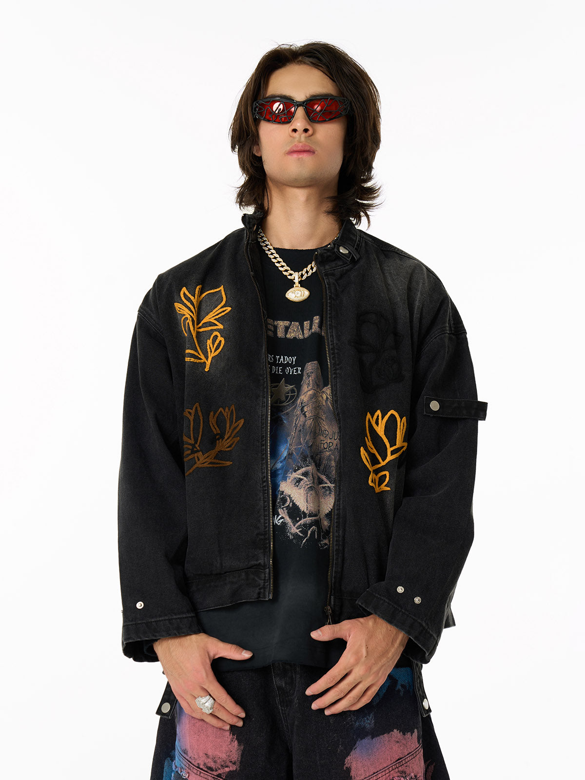 Embroidered Denim Jacket with Trendy Floral Design for Men 