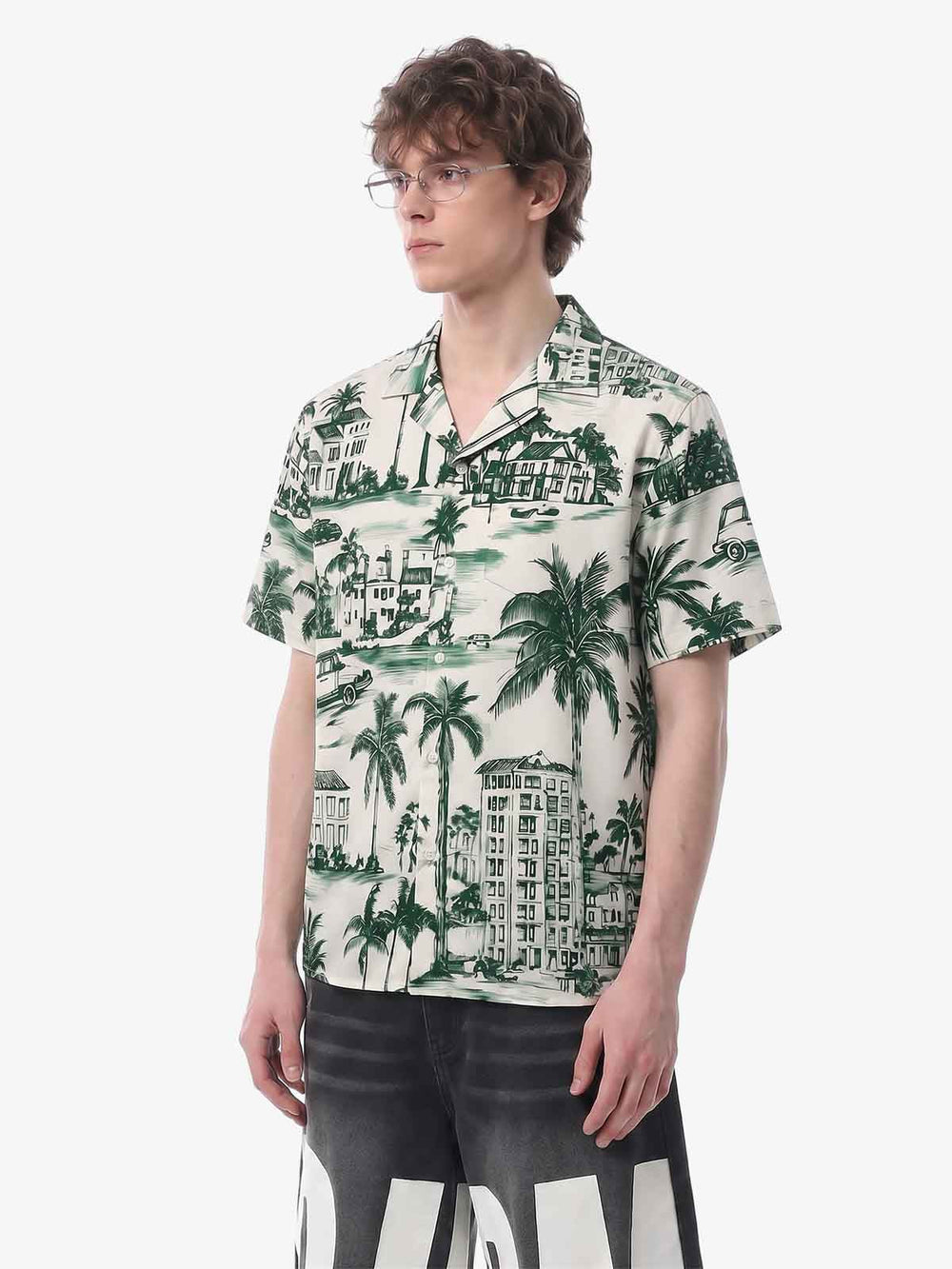 Vintage Green Coconut Tree Camp Collar Boxy Shirt 
