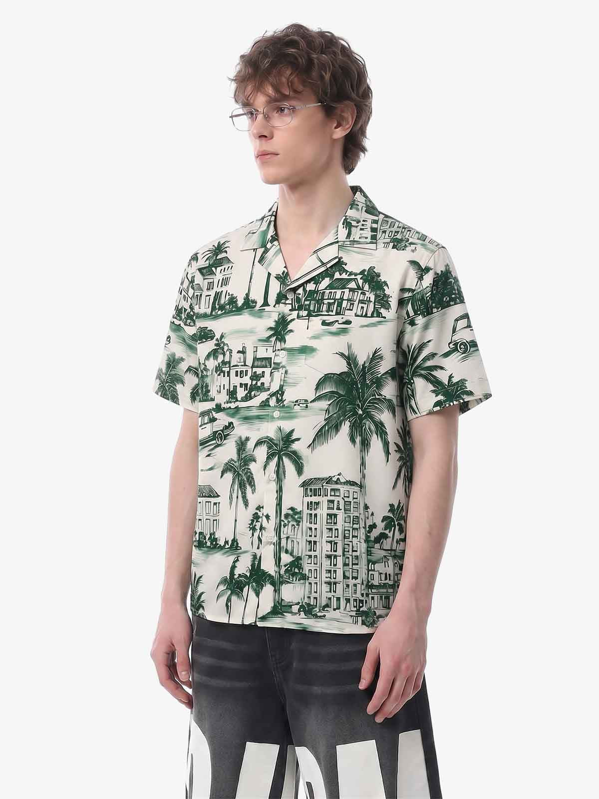 Vintage Green Coconut Tree Camp Collar Boxy Shirt 