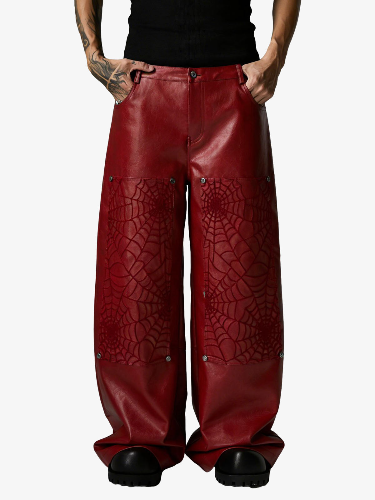 Faux Leather Wide Leg Pants with Spiderweb Embossed Pockets - Edgy Fashion Statement 