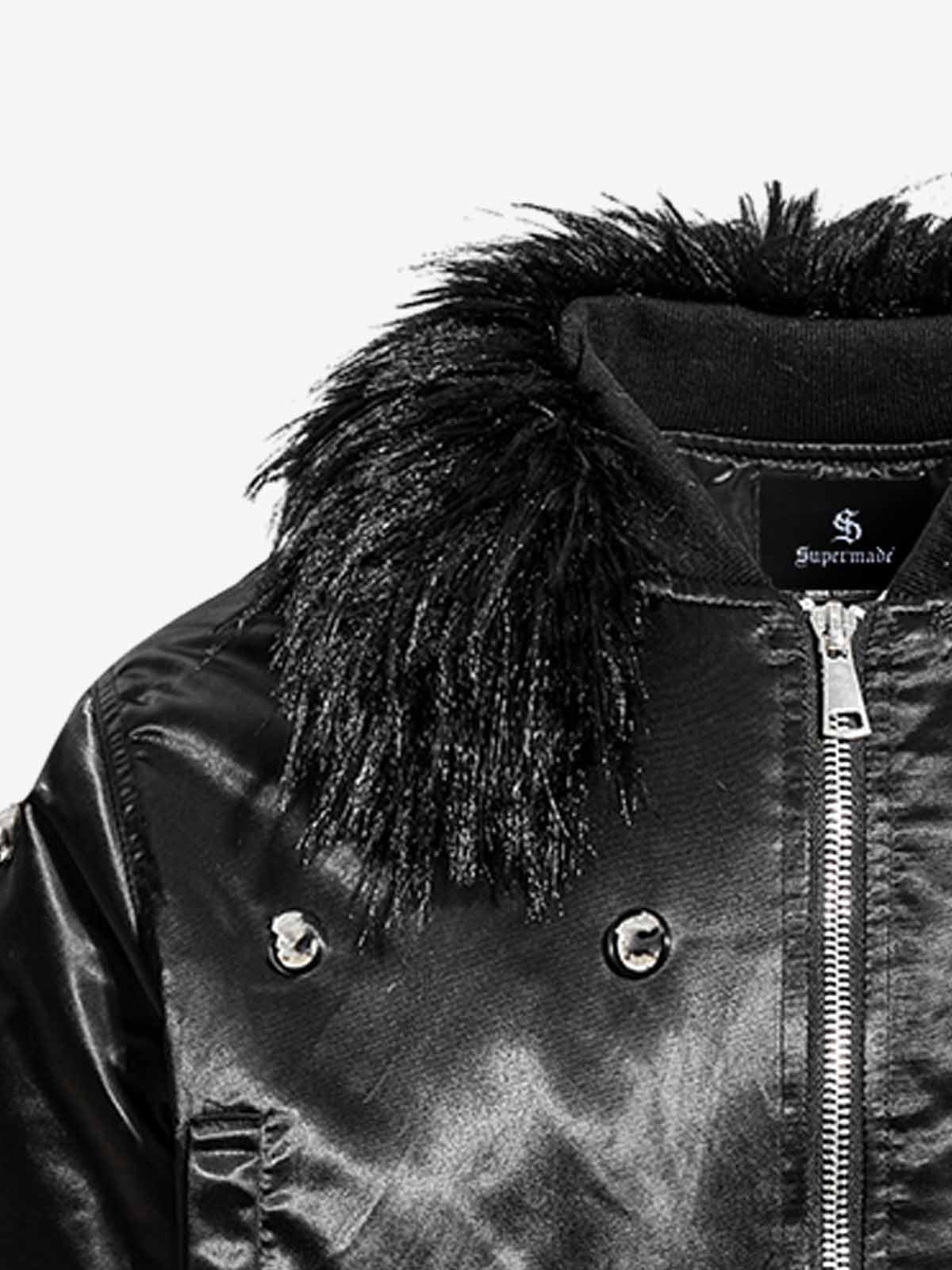 Detachable Faux Fur Collar Glossy Padded Bomber Jacket