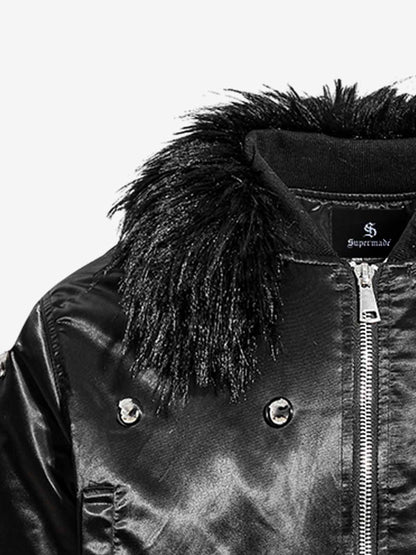 Detachable Faux Fur Collar Glossy Padded Bomber Jacket