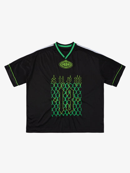 Supermade Color-Blocked V-Neck Embroidered Jersey Short-Sleeved 