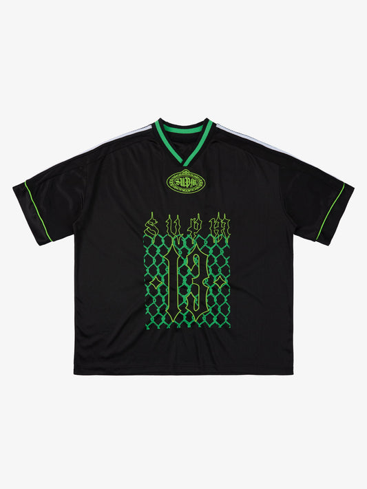 Supermade Color-Blocked V-Neck Embroidered Jersey Short-Sleeved 