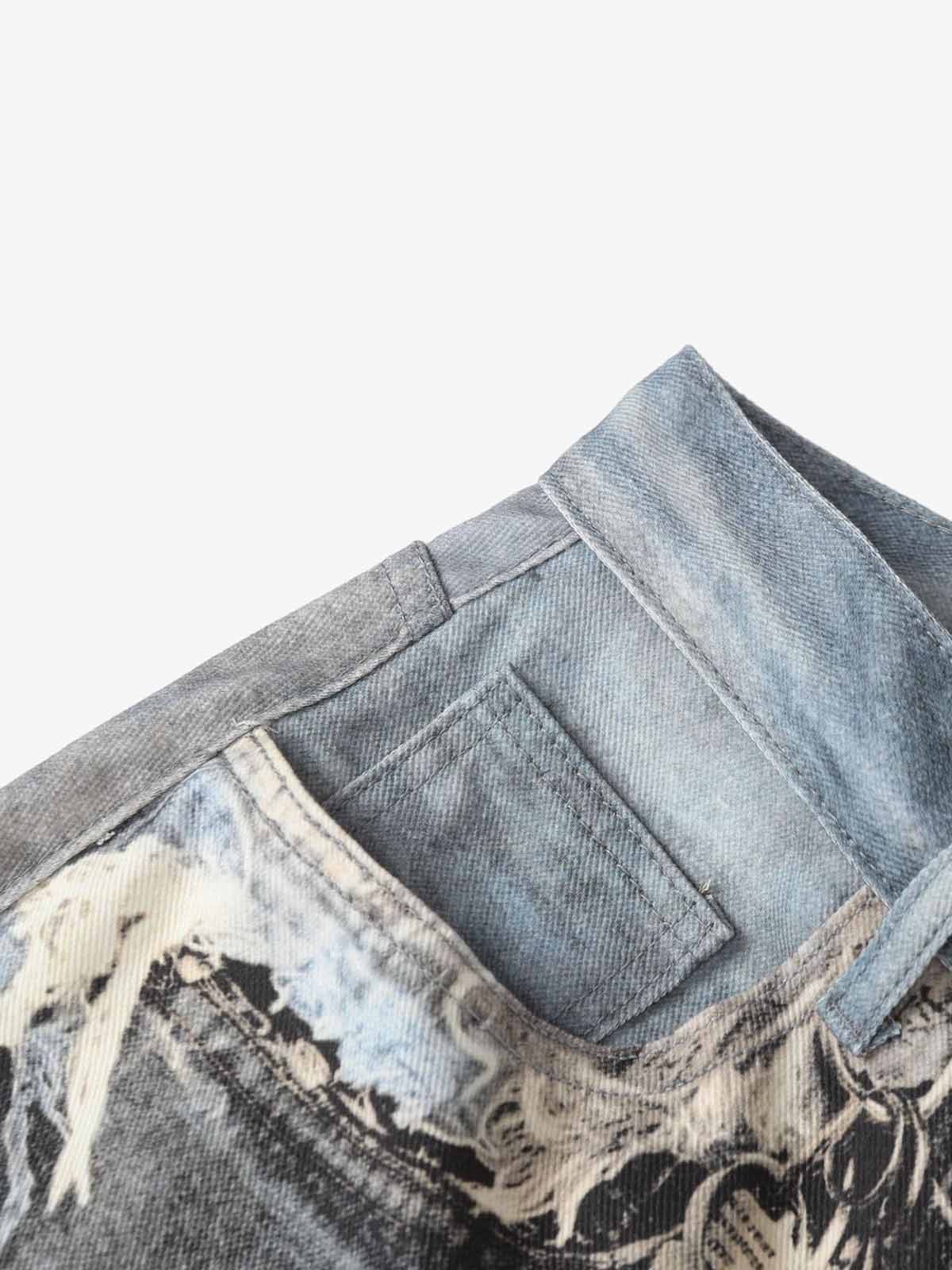 Distressed Patchwork Wide Leg Washed Denim Jeans 