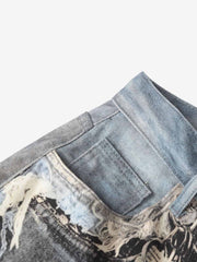 Distressed Patchwork Wide Leg Washed Denim Jeans 