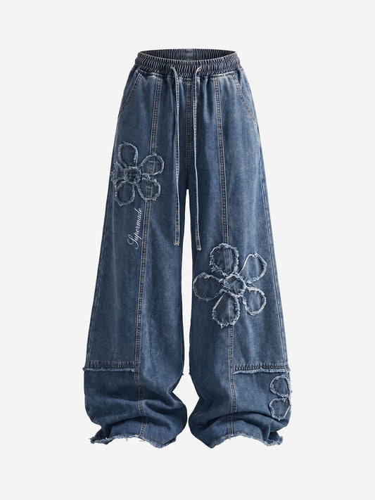 Appliqué Embroidered Wide-Leg Jeans