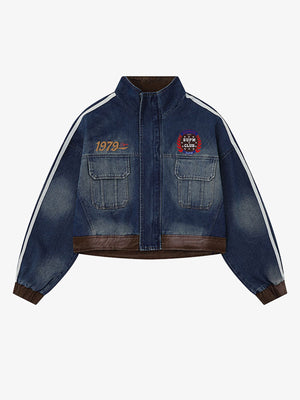 Stylish Denim Jacket with Embroidered Details and Striped Sleeves 