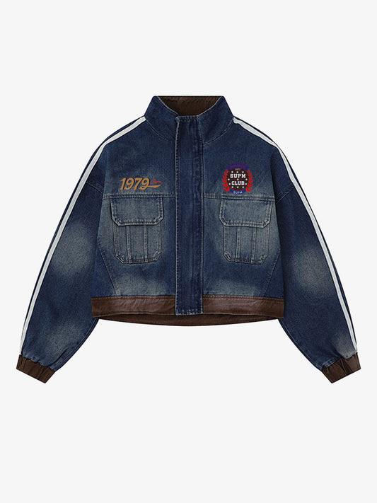 Stylish Denim Jacket with Embroidered Details and Striped Sleeves 