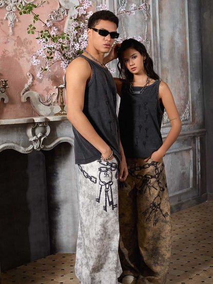 Supermade Distressed Chain And Key Print Baggy Pants 