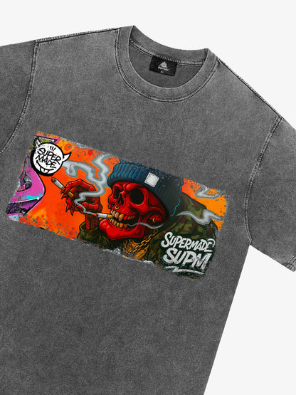 Thesupermade Distressed Blood Red Skull Graffiti T-shirt 