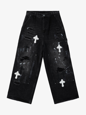 Supermade Retro Distressed Print Heavyweight Canvas Baggy Pants 
