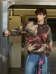 Distressed Camo Graphic Jacquard Knit Polo Sweater