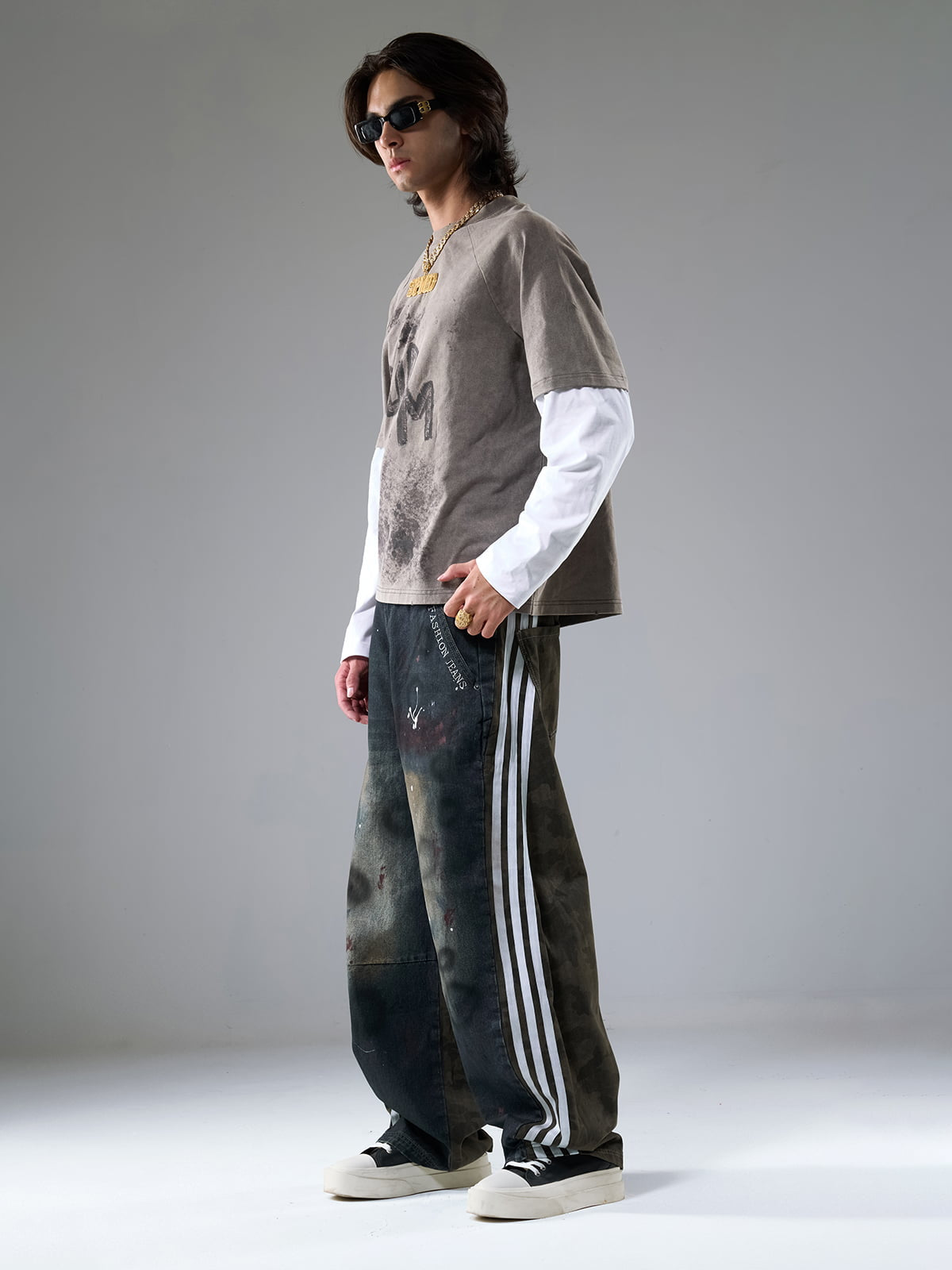 Washed Contrast Color Print Long Sleeve Cotton T-shirt 