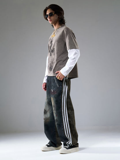 Washed Contrast Color Print Long Sleeve Cotton T-shirt 