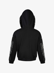 Fur-Trim Sleeve Graphic Zip Hoodie