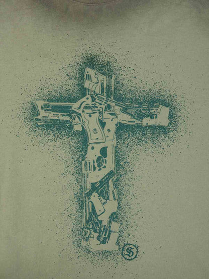 Supermade Distressed Rebellious Gun and Cross Print T-Shirt 