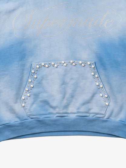 Gradient Washed Distressed Rhinestone And Pearl Hoodie